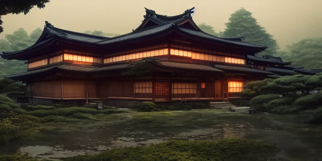 Image similar to twilight lighting, moody, atmospheric, solarpunk, old traditional japanese sleek modern mansion made of wood in a green garden, with a front porch, on the lonely hill by ghibli studio and victor ngai, ghost in the shell, akira, pixar highly detailed, 8 k h 5 7 6