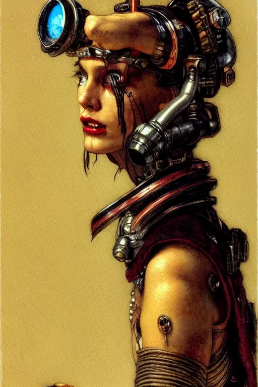 Image similar to full character portrait max mad cyberpunk warhammer 4 0 k, warrior marine the girl with the pearl earring character design, painting by gaston bussiere, katsuya terada, frank frazetta, gerald brom, mucha, tom of finland, trending on artstation