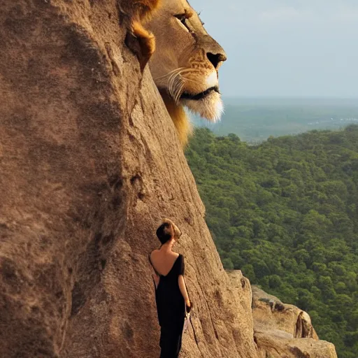 Prompt: a woman and a lion standing side by side on the ledge of a cliff. an enormous castle is in the distance. by panjoool