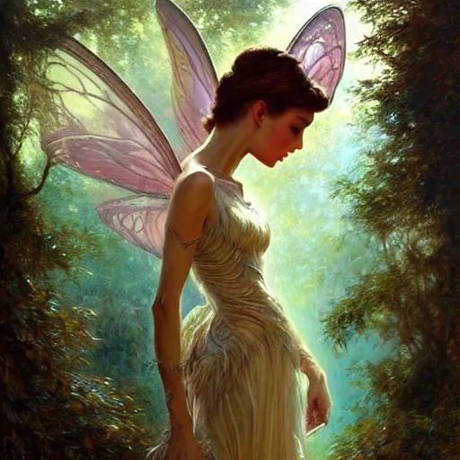 Image similar to audrey hepburn as a winged fairy in a fantasy forest, various backgrounds, highly detailed, digital painting, artstation, matte, illustration, art by gaston bussiere, artgerm, greg rutkowski, tom bagshaw