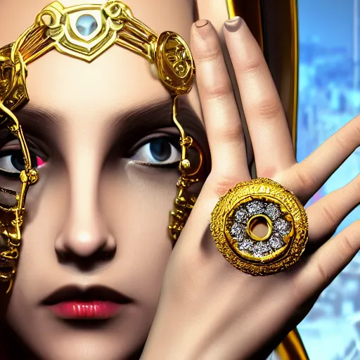 Image similar to complex golden ring with cameo and gems on the female model hand with bust with a cyberpunk style, 8k, details