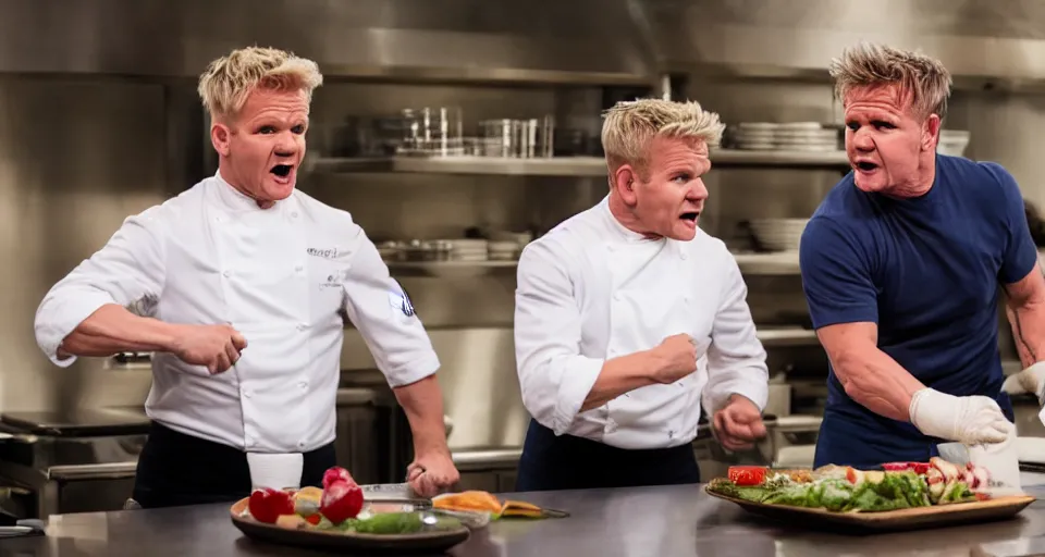 Image similar to photo of angry furious Gordon Ramsay punching Gordon Ramsay at the kitchen