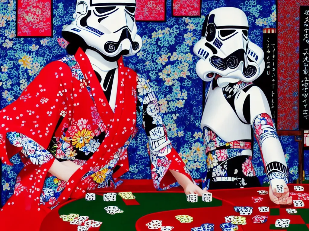 Prompt: hyperrealism composition of the detailed single woman in a japanese kimono sitting at an extremely detailed poker table with stormtrooper, fireworks, river on the background, pop - art style, jacky tsai style, andy warhol style, acrylic on canvas