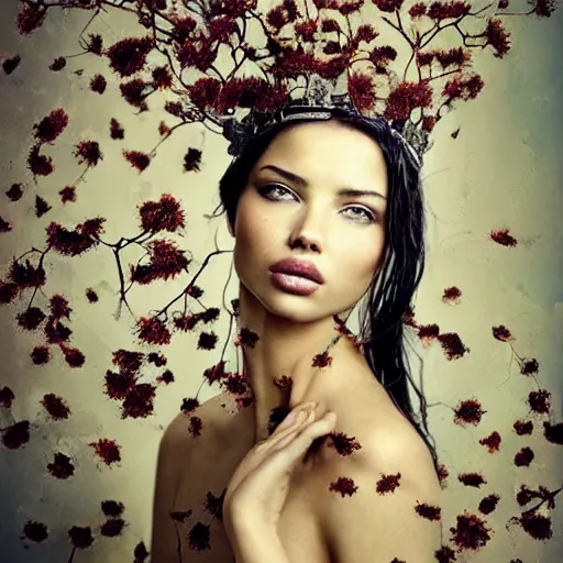 Image similar to fine art photo of the beauty goddess adriana lima, she has a crown of dried flowers, by oleg oprisco