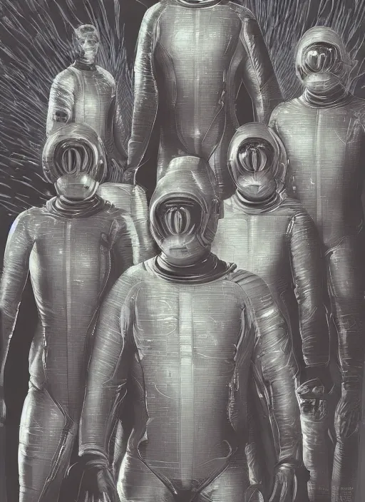 Prompt: infrared astronauts in dark void underwater - complex and hyperdetailed technical suit. reflection and dispersion materials. rays and dispersion of light. glowing light. volumetric light. f / 3 2. noise film photo. flash photography. ultra realistic, wide angle. poster by wayne barlowe, hajime sorayama aaron horkey, craig mullins. high contrast