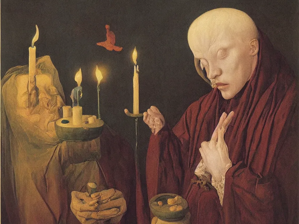 Prompt: Portrait of albino mystic with blue eyes, praying at candle light. Painting by Jan van Eyck, Audubon, Rene Magritte, Agnes Pelton, Max Ernst, Walton Ford