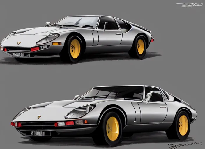 Image similar to a blending, amalgamation and detailed combination of a lamborghini countach, datsun 2 6 0 z and a jaguar e - type, concept art, round headlights, 8 k, highly detailed, trending on art station