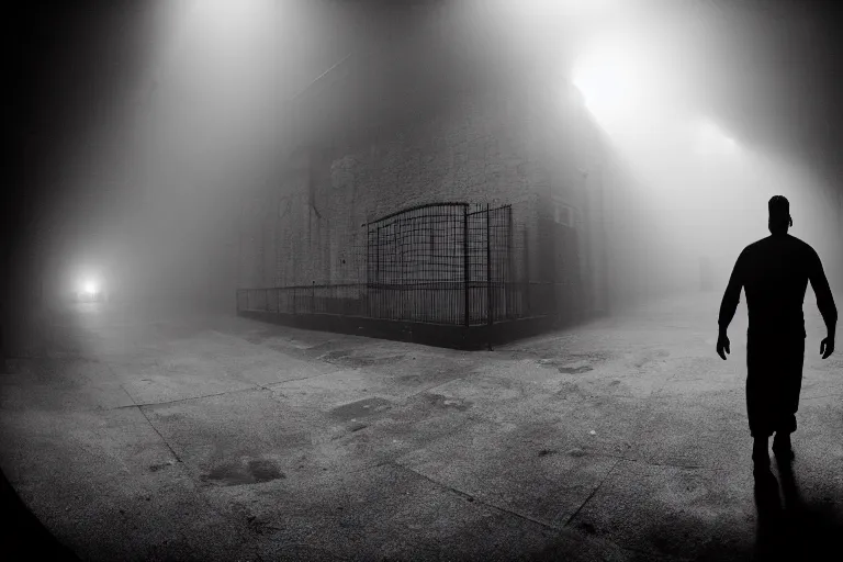 Prompt: a cinematic wideangle portrait of an emotional middle aged male, prison yard, fog filled, spotlights shine down from the watchtowers, perfectly lit face, ultra realistic, depth, beautiful lighting
