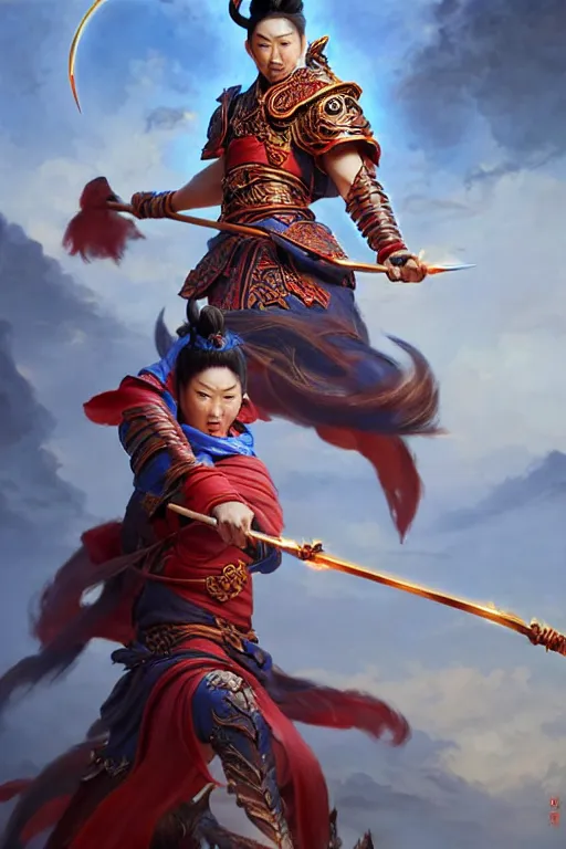 Image similar to charming nezha, highly detailed, man holding spear, flame everywhere, epic pose, masterpiece chinese fantasy character portrait, highly detailed, digital painting, trending on artstation, concept art, sharp focus, illustration, global illumination, ray tracing, realistic shaded, art by artgerm and greg rutkowski and fuji choko and viktoria gavrilenko and hoang lap