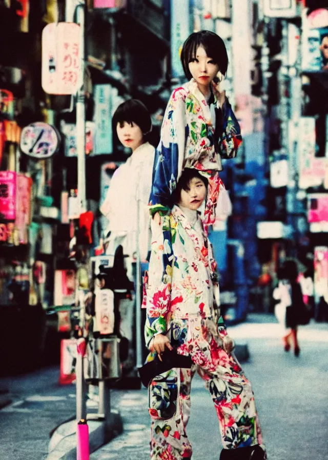 Image similar to a street fashion photograph of a cute japanese woman in 9 0 s fashion, in tokyo akihabara, shot on cinestill 5 0 d with a 3 5 mm at f / 2. 8 lens, highly detailed, fashion magazine print quality, photorealism, nineties nostalgia, 8 k