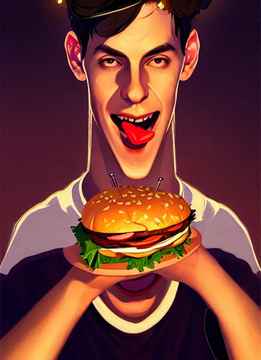 Image similar to portrait of jughead jones, eating a hamburger, wearing a crown, eyes closed, intricate, elegant, glowing lights, highly detailed, digital painting, artstation, concept art, smooth, sharp focus, illustration, art by wlop, mars ravelo and greg rutkowski