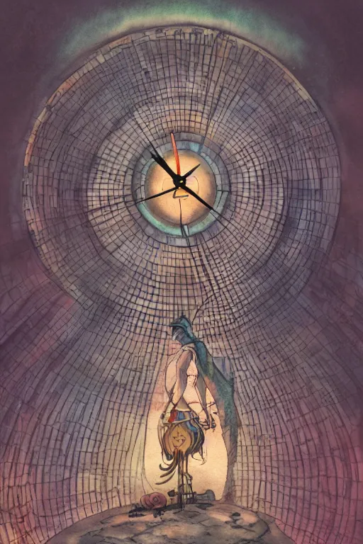 Prompt: wizard in the concentric clock prison,art by Teddy Harvia and Hidetaka Tenjin and Matt Fox,trending on artstation, foreign lighting rear view,Fantastic Planet ,tilt-shift ,closeup,still life ,watercolor painting,