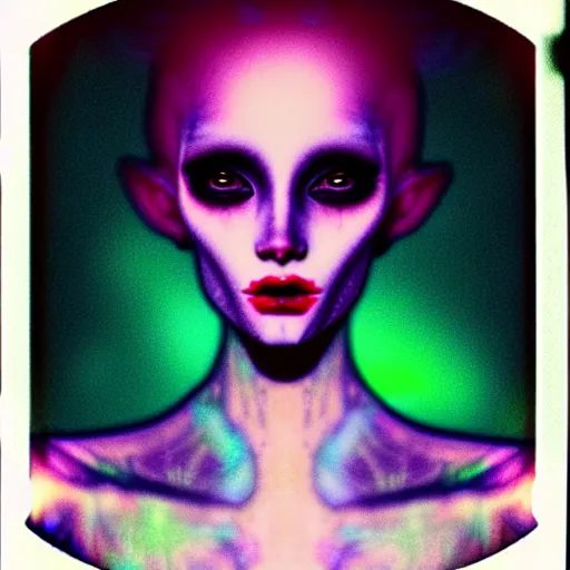 Prompt: grainy color polaroid of a beautiful feminine alien being consumed by darkness, iridescent eyes, dreamlike, digital art, intricate detail, 4k, hd