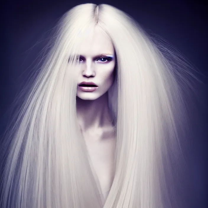 Prompt: a beautiful woman with long voluming blond hair dressed in long white, fine art photography light painting by Paolo Roversi, professional studio lighting, volumetric lighting, dark colors scheme background, hyper realistic photography, in style of vogue fashion magazine style