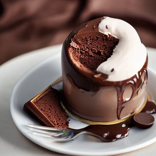 Image similar to ultra realistic catalog photo of a cup full of sweet goloso pasticceria chocolate ice cream cake with a coffee - praline twist cream bigne in with rich details in luxury cup and plates