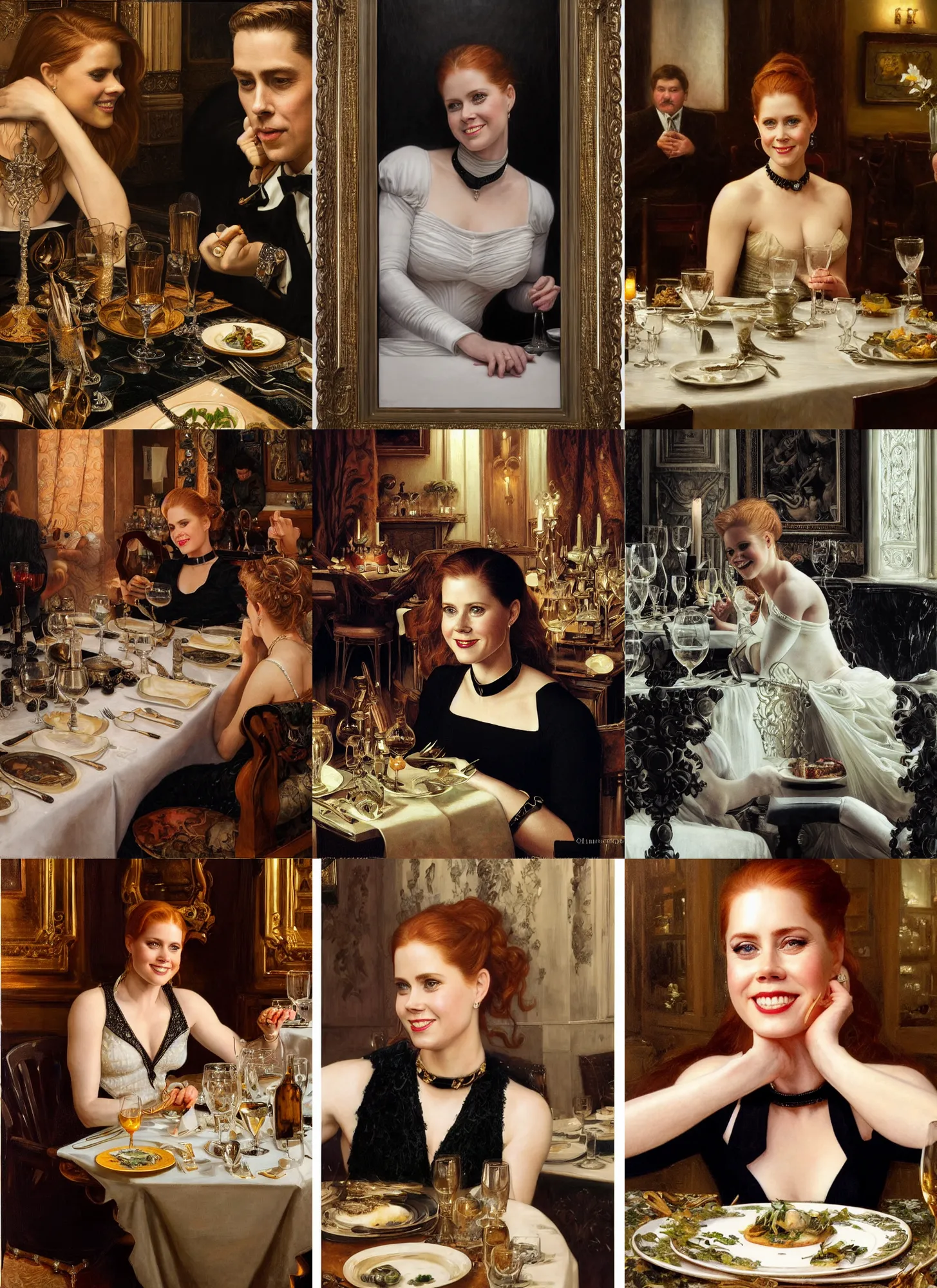 Image similar to dinner with amy adams smiling sitting across the camera wearing a black choker staring into the camera in an expensive private restaurant, 1 9 8 0, intricate, elegant, tasteful, highly detailed, shallow depth of field, artgerm, donato giancola, joseph christian leyendecker