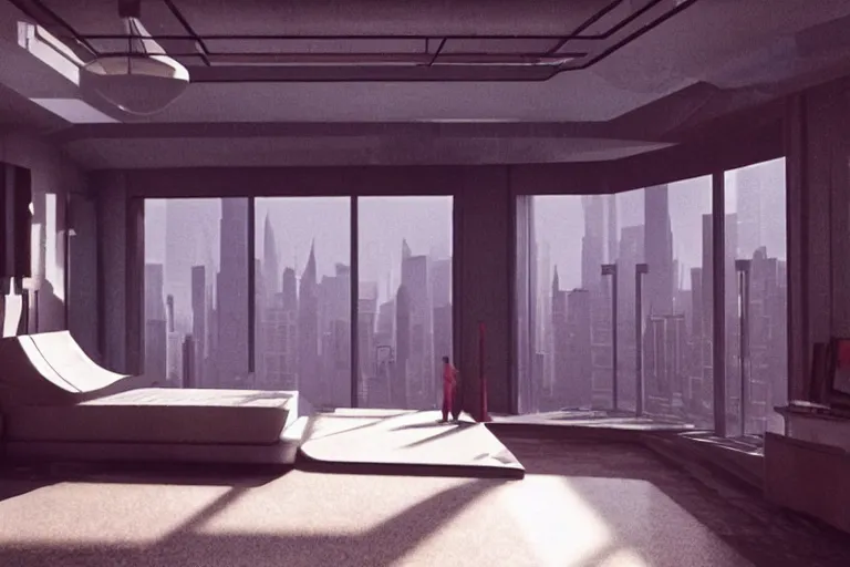 Prompt: a vintage photo of futuristic high tech apartment bedroom interior, by ridley Scott, octane rendering, moody lighting, in the style of blade runner