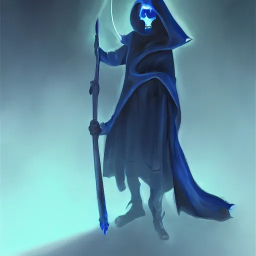 Image similar to grim reaper with a blue glowing scythe, digital art, digital painting, 4 k, hd, artstation, devian art, highly detailed