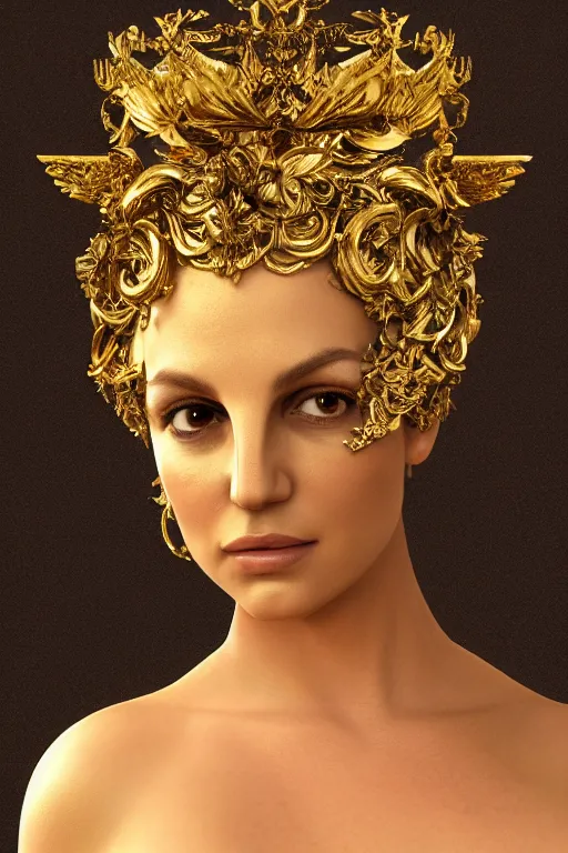 Prompt: britney spears, gold ornaments around face, gold beam behind, beautiful face, surrealism, sculpture, baroque element. intricate artwork by caravaggio, trending on artstation, baroque elements, octane render, cinematic lighting, hyper realism,