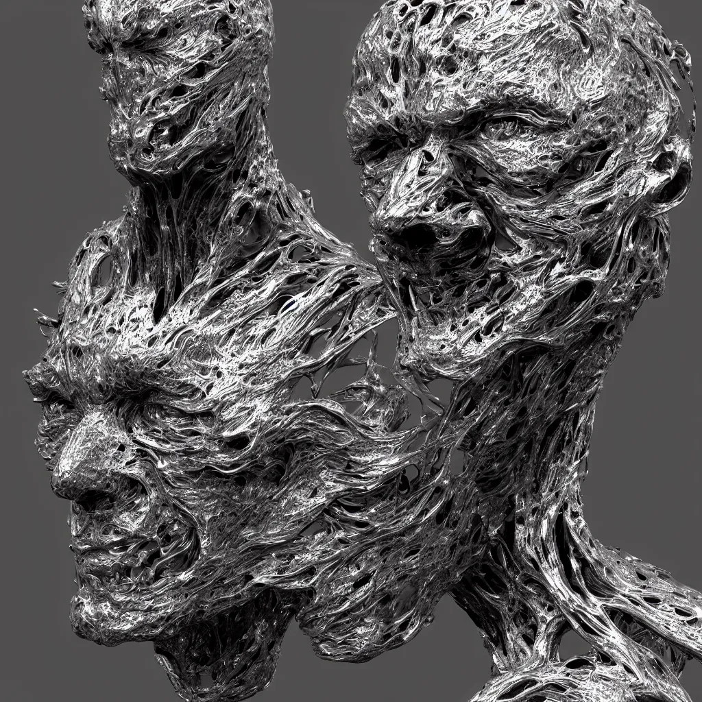 Image similar to 3 d render of a carved melted human head, sculpture, chrometype, liquid metal, neotribal, raytraced, volumetric lightning, 8 k, by zhelong xu, tooth wu, wlop, ouchh and and innate studio