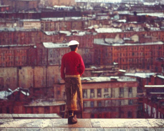 Image similar to lomo photo of man standing on the roof of soviet hrushevka, small town, cinestill, bokeh, out of focus