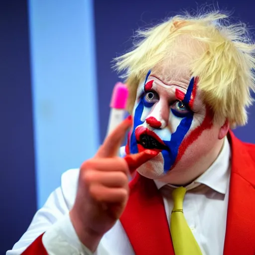 Image similar to boris johnson putting on clown makeup, colorful, clown, circus