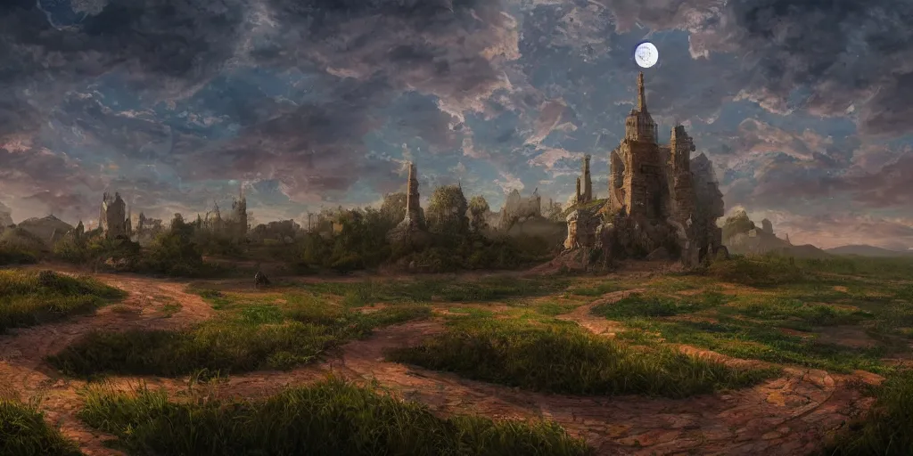 Image similar to The great intricate marble wizards tower, painted landscape, green fields in the background, moody lighting, moon in the night sky, sharp image, 4k, artstation, colorful digital art