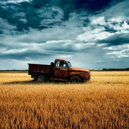 Image similar to Rusty truck, open field, 8k, photography