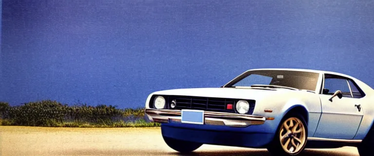 Image similar to denim blue audi camaro b 1 ( 1 9 6 7 ), 8 0 s retro poster, establishing shot