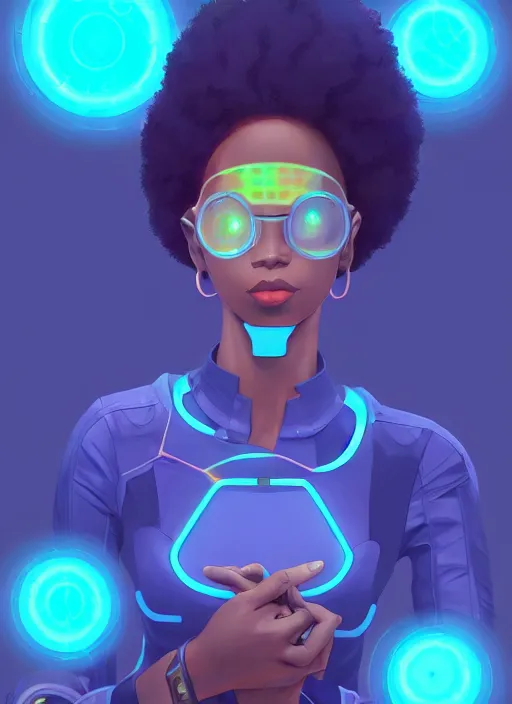 Prompt: afro - futurist engineer in a lab studying holographic schematics + full body | hyperrealistic digital painting by makoto shinkai, ilya kuvshinov, lois van baarle, rossdraws | afrofuturism in the style of hearthstone and overwatch, trending on artstation | orange highlights and complimentary colors