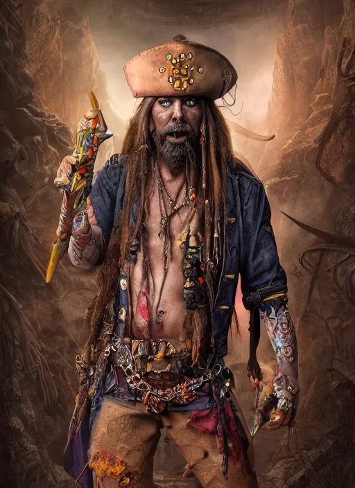 Image similar to detailed full body concept art, illustration matte painting, Rob Zombie as a pirate in full intricate colorful clothing, ultra detailed, digital art, octane render, 4K, dystopian, micro details