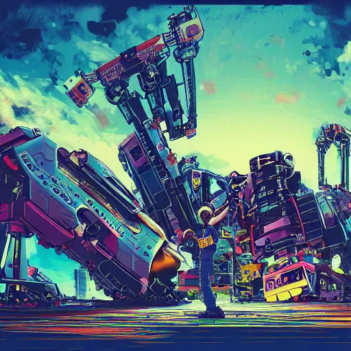 Prompt: an ultrawide lens shot of black boys building a giant robot out of junk in yhe synthwave ghetto, by mikato shinkai and android jones, 8k resolution hd digitalvart