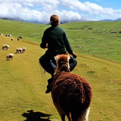 Prompt: rohirrim, riding toward minas tirith on alpacas