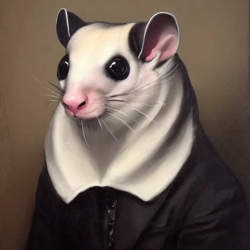 Prompt: sugarglider in a suit 1 5 9 5, a dnd fantasy, chiaroscuro medieval sugarglider, devilish lighting, sugarglider animal perfect epic painting. official portrait, dnd character painting by gibbs - coolidge. oil on canvas, wet - on - wet technique, underpainting, grisaille, chiaroscuro realistic. restored face.