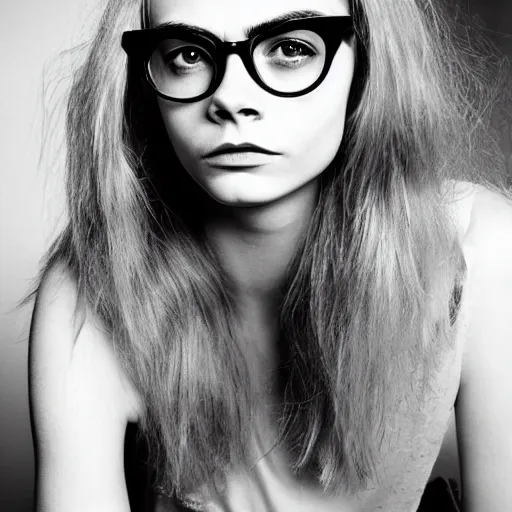 Prompt: photo of a gorgeous 20-year-old Cara Delevingne with 1960s hairstyle hipster glasses by Mario Testino, detailed, head shot, award winning, Sony a7R -