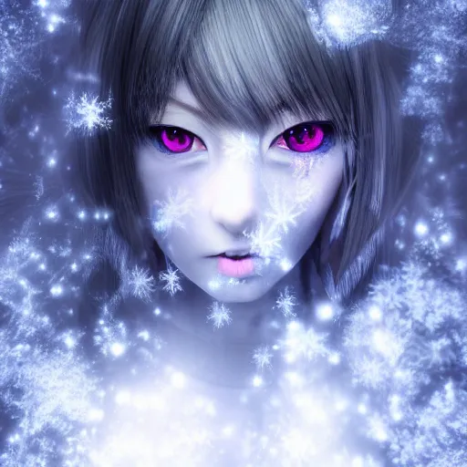 Image similar to photorealistic full body shot of masterpiece angry darkness anime girl, beautifull manga lovely eyes, electric aura with particles, snowing frozen ice, darkness background, inspired by tim burton, detailed, unreal engine 4 k, volumetric light, fog