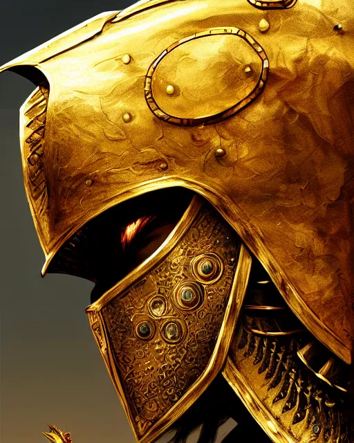 Image similar to hyper realistic side view painting of the king of the desert, angry, gold armour, sword, dramatic lighting, intricate, wild, highly detailed, digital painting, artstation, concept art, smooth, sharp focus, illustration