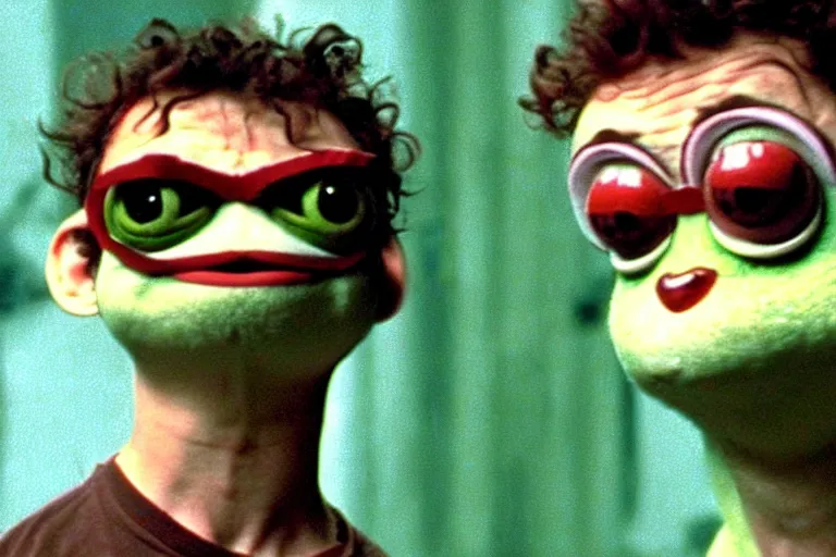 Prompt: pepe frog, film still fight club 1 9 9 9, high quality, hd, 4 k, warner, hbo, cinema frame