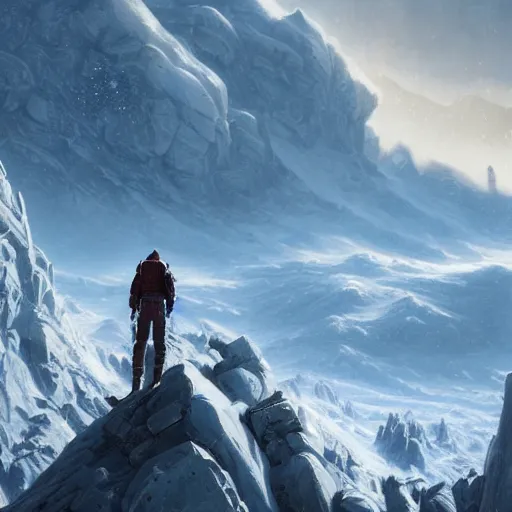 Image similar to a space survivor standing on blizzardy mountains, Matte painting , detailed painting, greg rutkowski