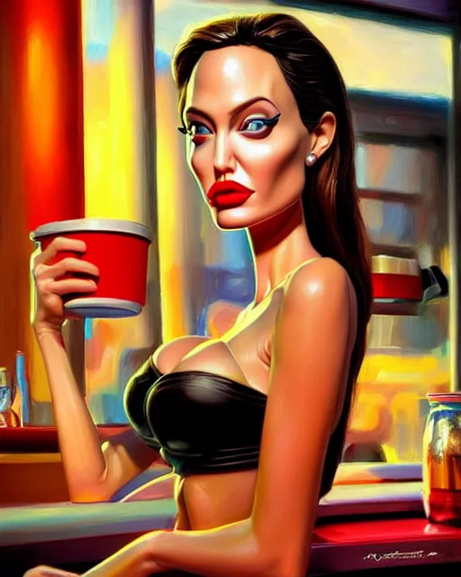 Image similar to closeup profile face profile portrait of a tin toy angelina jolie as a waitress in a diner, bikini, hyper realistic, artstation, illustration, concept art by bill ward, digital paint, matte paint, vivid colors, bright, cheerful, detailed and intricate environment