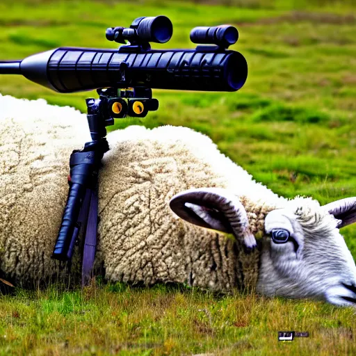 Image similar to texel sheep shooting sniper rifle, photo, detailed, 4 k