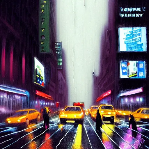 Image similar to a busy crosswalk on a rainy street in new york with lots of people walking around at night with advertisement neon lights on the buildings around it, painting by banksy, banksy art, high detail, smooth, beautiful, aesthetic,
