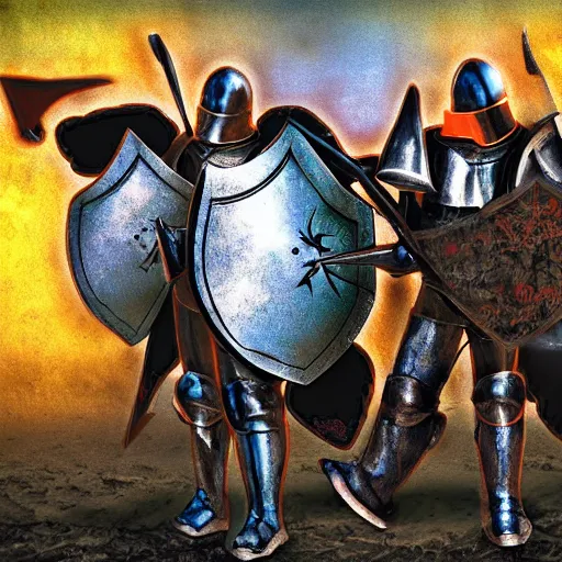 Prompt: digital art color photograph of crusader knights in armor fighting