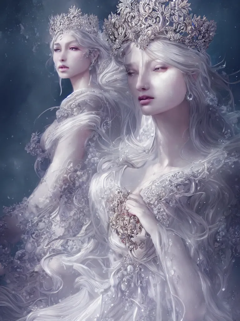 Image similar to A beautiful fantasy empress, highly detailed full body, detailed intricate white flower tiara, wearing aristocrat robe, highly detailed figure, fractal crystal, epic composition, ultra wide-shot, dynamic pose, concept art, beautifully lit, digital painting, smooth, desaturated color theme, character design, sharp focus, elegant, intricate, post processing, artstation, by WLOP, mucha, James Jean, Victo Ngai, ryohei hase