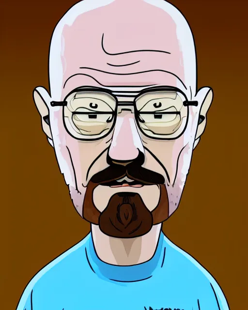 Image similar to portrait of walter white in the style of justin roiland. heisenberg from breaking bad. cinematic lighting. style of rick & morty. photographic, photography. by justin roiland