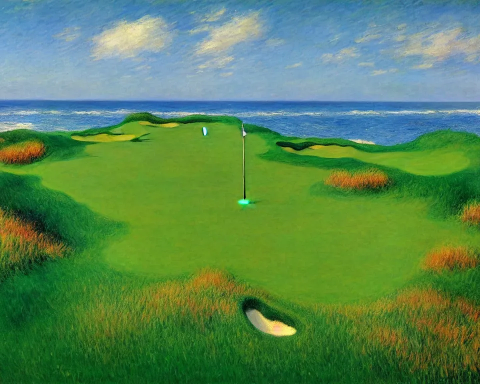 Prompt: achingly beautiful painting of pacific dunes golf course by rene magritte, monet, and turner.