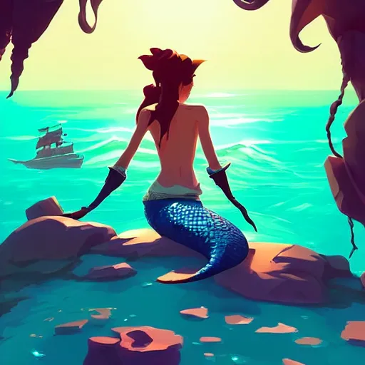 Image similar to painting mermaid treasure on sea of thieves game avatar hero smooth face median photoshop filter cutout vector, behance hd by jesper ejsing, by rhads, makoto shinkai and lois van baarle, ilya kuvshinov, rossdraws global illumination