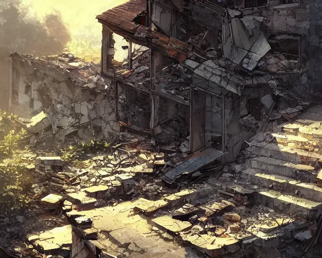 Prompt: an iPhone smartphone in the ruins of a house, rubble, ruins, post-apocalyptic, dust. By Makoto Shinkai, trending on ArtStation, digital art.