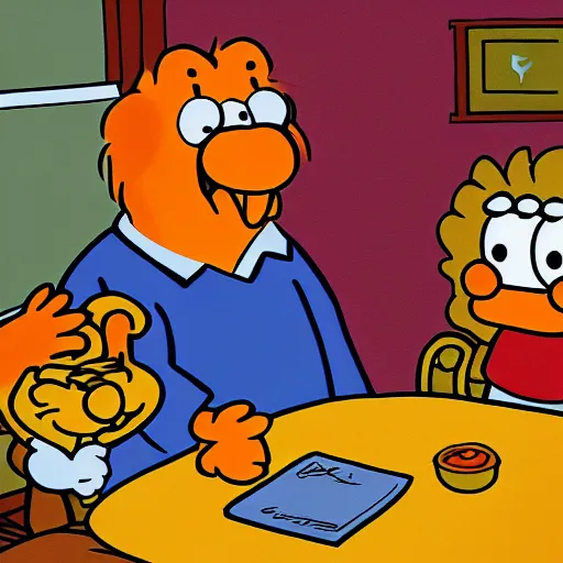 Image similar to jon and garfield at the kitchen table by jim davis