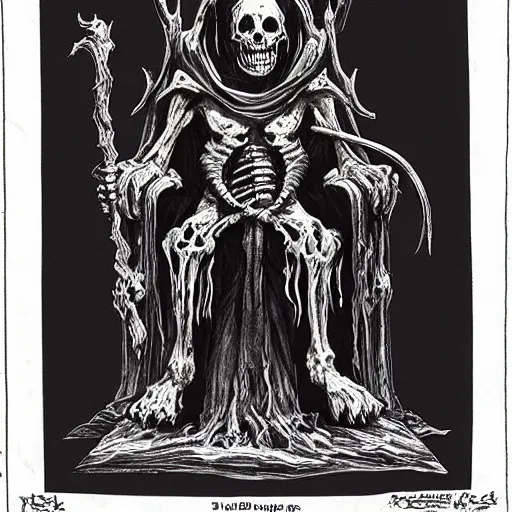 Image similar to “ undead lich on a throne made of bone, hyperdetailed, doom, menacing, supernatural ”